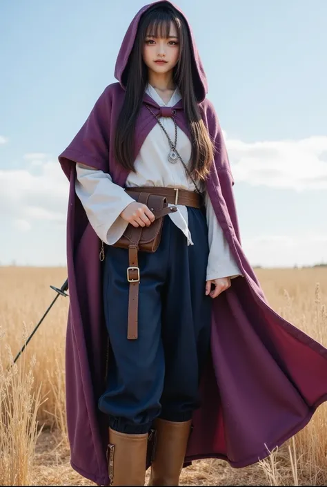 brave beautiful dark-haired Japanese girl standing on the prairie、Long navy blue pants and camel boots、And the white shirt 、Medieval cape with purple hood、and a rapier in her hand、high resolution, masterpiece, Highest quality, very long hair,  dark eyes, s...