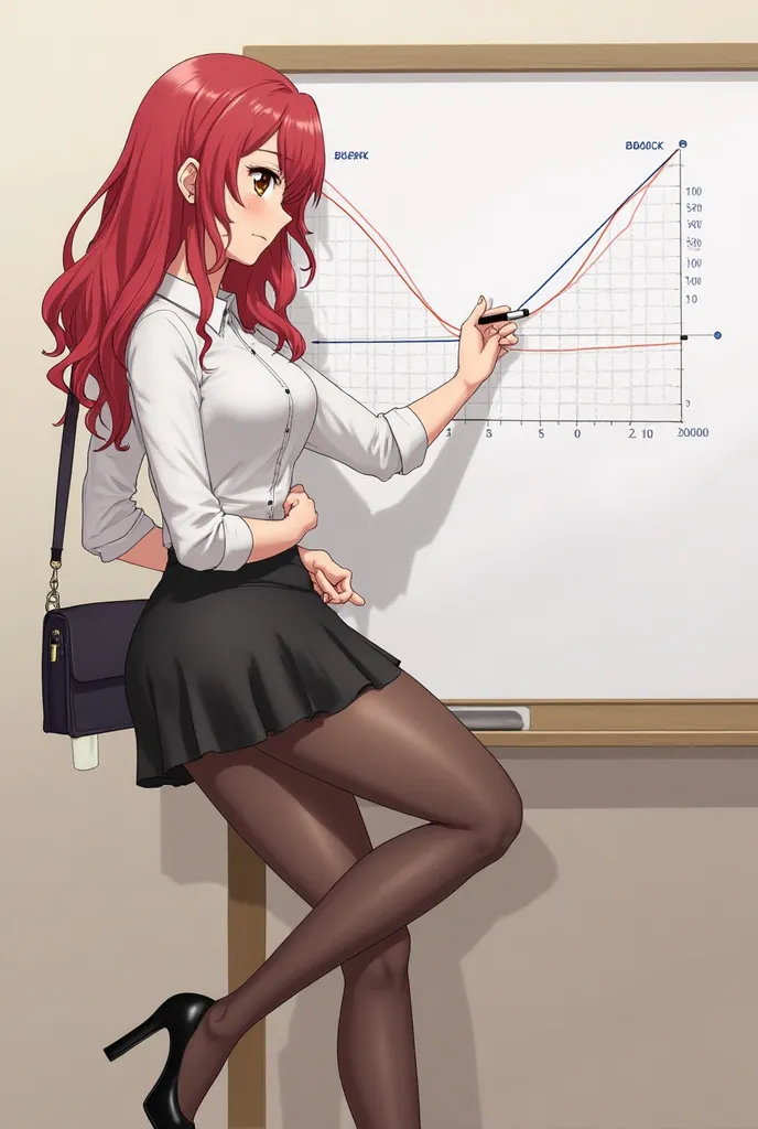 (Anime:1.2), beautiful woman, 5'8", Red wavy hair, Hazel Eyes, DD-Cup Breasts, Taut Stomach, Curvy Ass, Long Shapely Legs, BREAK, White Blouse, Black Short Skirt, Black High-Heeled Shoes, Stockings, Black Purse, BREAK, Drawing a graph on a white board, Ski...