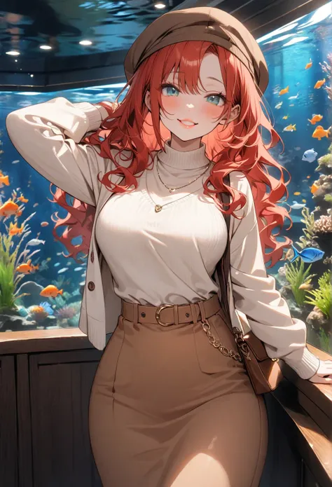 Best quality, One girl, beautiful, proportionate body, young face, long red hair, wavy hair, teal eyes, thick lips, large breasts, wide hips, brown cap, white cardigan, brown long skirt, brown purse, smiling at viewer, aquarium background, laughing softly