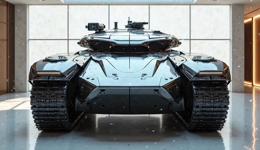 A Sleek And Full HD Realistic tank (2025 tes model x) A Shiny Exterior And Parked In Luxurious Showroom And Front View 