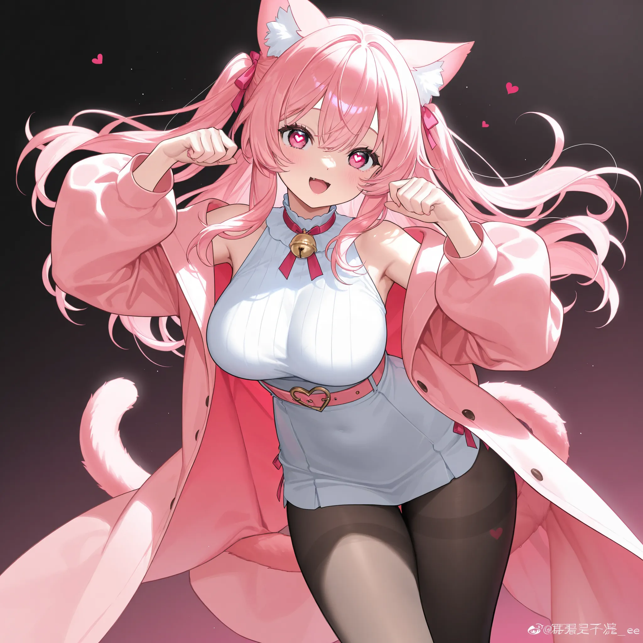 、   best thighs、  beautiful skin、high resolution、   Long Coat  、 pink hair、salmon pink eyes、  black tights、cat tail、Beautiful breasts、E Cup、 Valentine、 Heart Eyes 、 illustrations