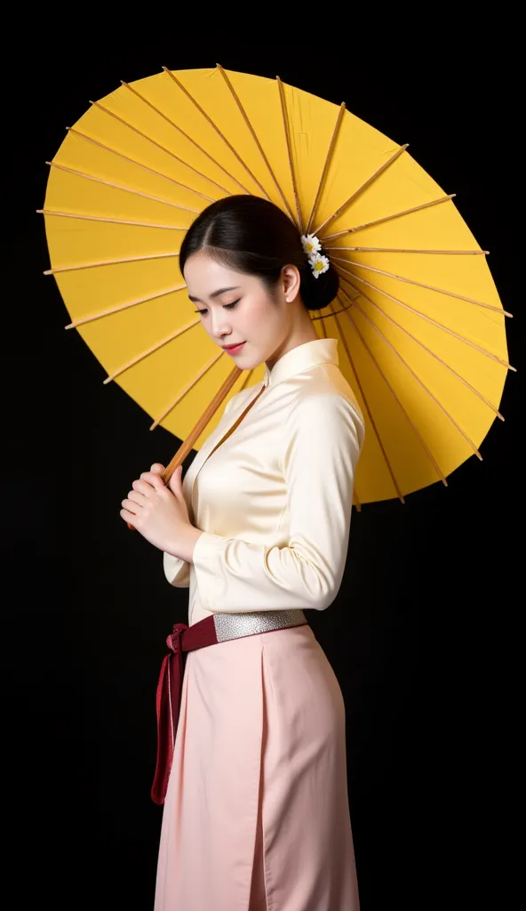 Portrait Realistic Photography Kasalong outfit Young woman, 20s, Southeast Asian ethnicity, holding a traditional yellow umbrella. She's wearing a light cream-colored, long-sleeved blouse, a pale pink wrap skirt with a dark red stripe, and a silver belt. H...