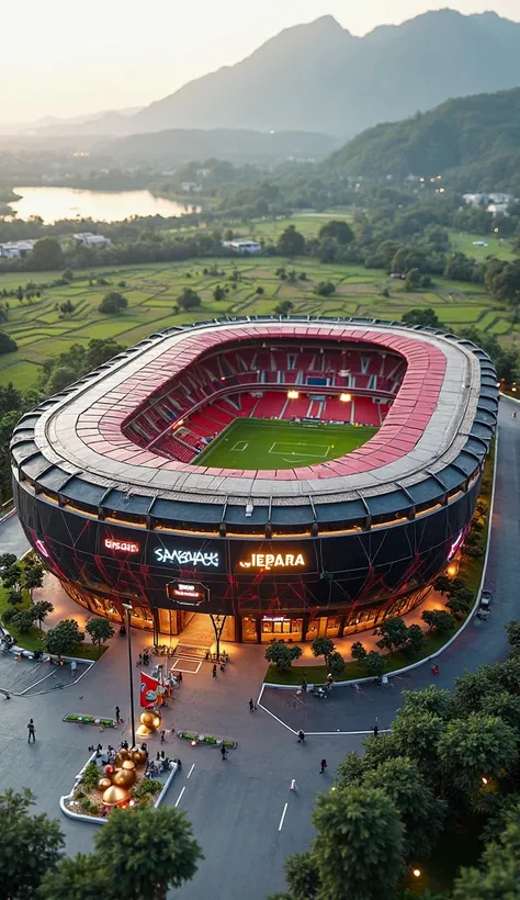 A huge magnificent football STADIUM covered in modern marble in RED,black,dan atap dinding berwarna black,white and its building resembles a tiger and Garuda rectangular and it says JEPARA and there is a Ball monument in front of the stadium in golden colo...