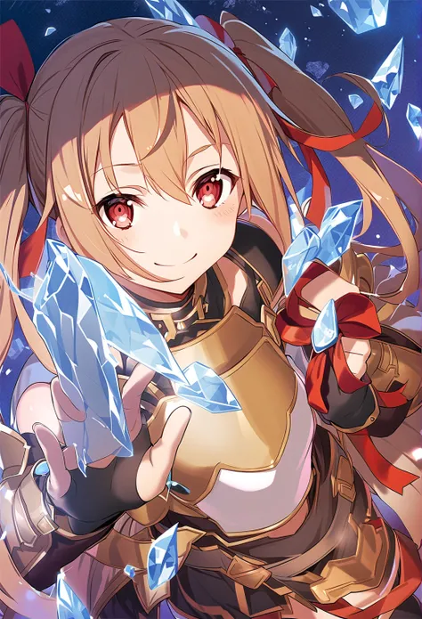 silica,  1 girl, Brown Hair,  medium hair, twin tails, armor, Red eyes, gloves, breastplate, short  twin tails,   fingerless gloves,  Shoulder , off  Shoulder , smile, ribbon, ice ,   hair bow,  red ribbon, Alone, 