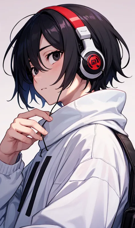 Korean anime male boy with book hairstyle, short black hair and black eyes,  loose-fitting clothing, white sweatshirt,  white clothes,  headphones,  tender,  big eyes, Close up from shoulders up