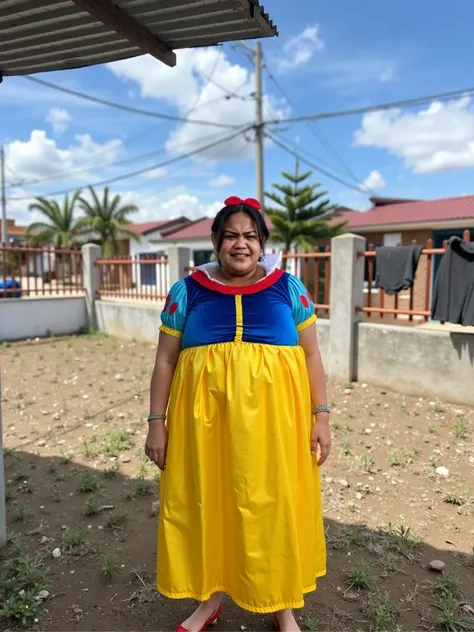 amidst tropical forest there is a beautiful woman as snow white wearing a traditional blue, yellow, and red dress. with black hair sitting trapped and entangled in chains under a big tree surrounded by 7 dwarves. fishnet stockings with high-heeled red shoe...