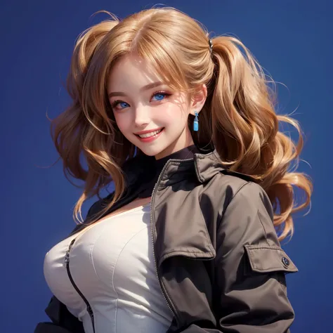  big breasted woman、Light blue eyes、big eyes、chic bouffant.airy hair、voluminous hair、 wearing a jacket 、earrings、Highest quality、Greatest Masterpiece、makeup、dark room、(Grinning expression:1.5)、 real 、Photo、4K High Resolution、Studio Lighting、realistic、Portr...