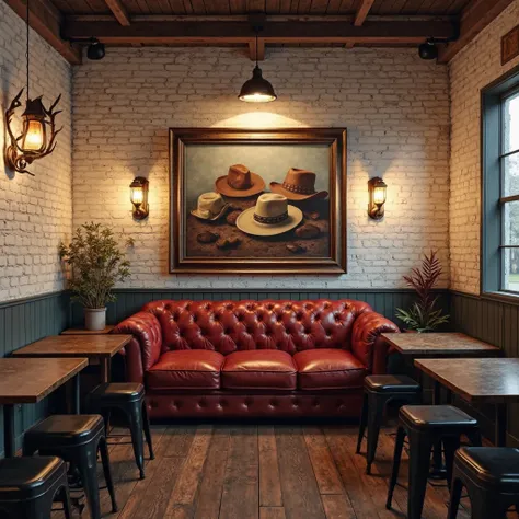 realistic photo, best quality, no humans, a Western-themed bar with rustic, whitewashed walls and distressed wood. A large framed painting in cowboy hats hangs above a red leather tufted sofa. Antler-shaped wall sconces and a vintage chandelier provide war...