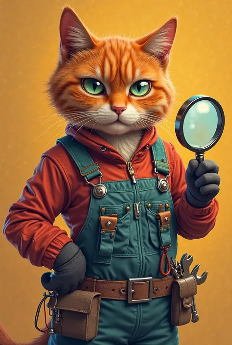 Cyber cat — reddish cyber cat wearing overalls with straps, that looks strict and focused. He has various tools hanging on his belt and pockets, like, wrenches , wires and other technical accessories. his look is serious , facial expression — concentrated,...