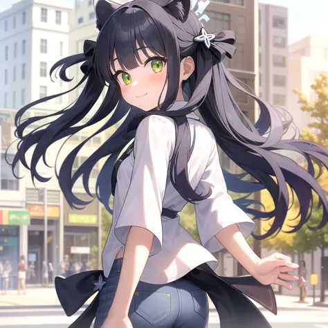 1girl, solo, (masterpiece, best quality), outdoors, street, shun, green eyes, black hair, bangs, twintails, hair bow, hair ornament, animal ears, halo, flat chest, denim shorts, white shirt, wide sleeves, from behind