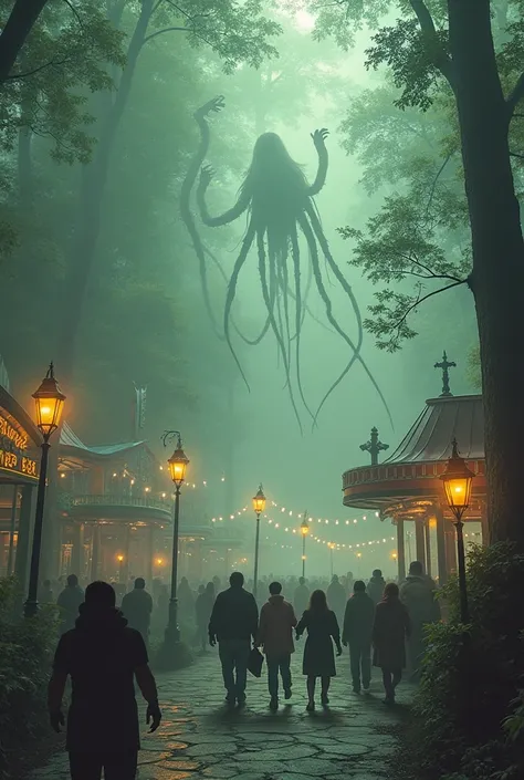 amusement park in the forest in 1980, men, Women, s in amusement park fog gathers, in the fog several,  Smaller, long tentacle monster hovering to catch people, people run in fear