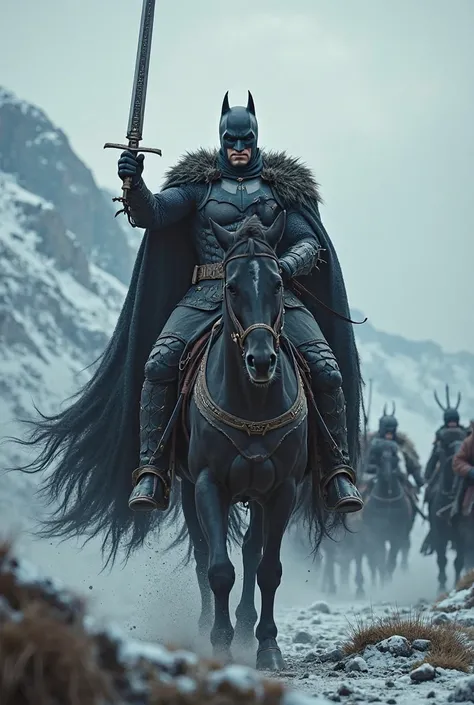 Norse mytholigy batman viking, fighting in a war, on a black viking horse