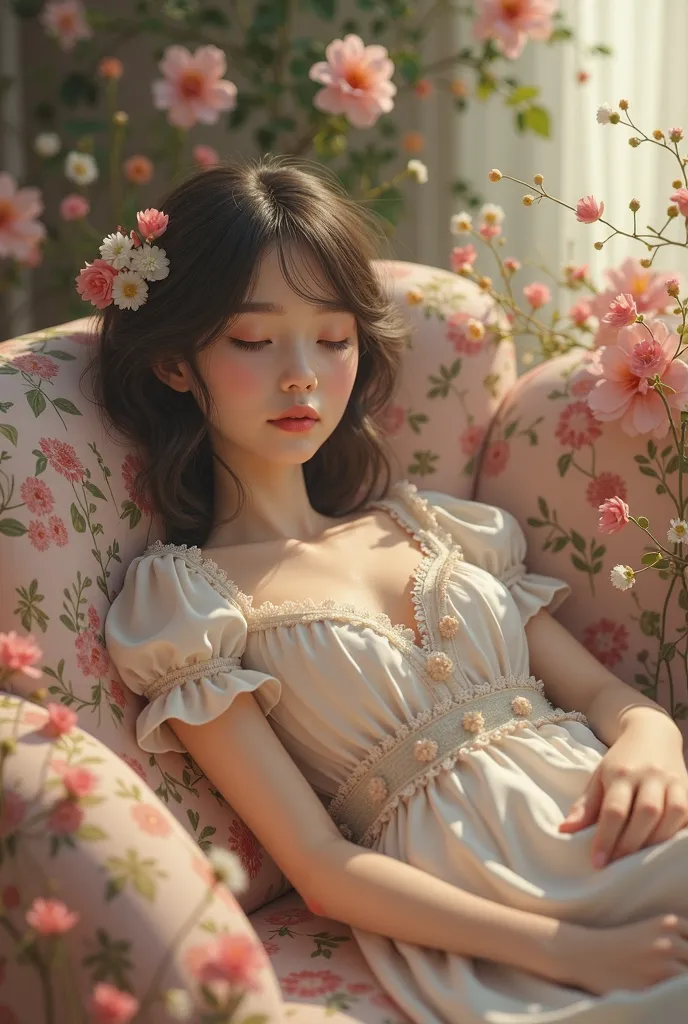 Vintage vintage style: cartoon style girl, relaxing on a flower-decorated sofa with her eyes closed

