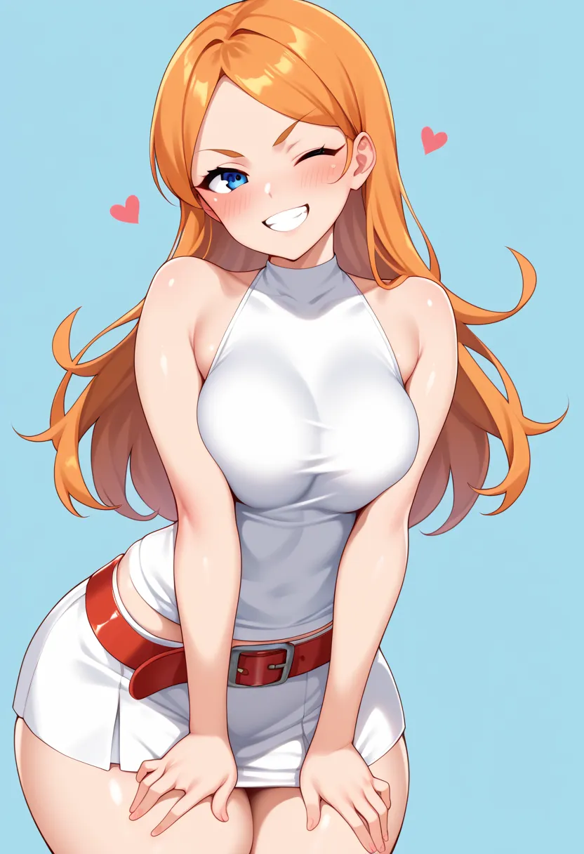 score_9, score_8_up, score_7_up, deep skin, shiny skin, skindentation, source_anime, high quality, highres, (curvy), ((wide hips)),, thick thighs, cute, , sexy, medium breasts, CandacePnF, 1girl, orange hair, split bangs, blue eyes, no shirt, sleeveless, b...