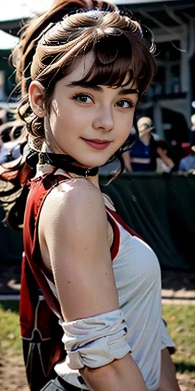 Photo of a 15-year-old European girl, .RAW, beautiful woman, (Light brown hair with ponytail hairstyle ), Ponytail hairstyle ((portrait)), ((detailed face:1.2)), ((detailed facial features)), (finely detailed skin), Pale skin , 、medium breasts , big smile ...