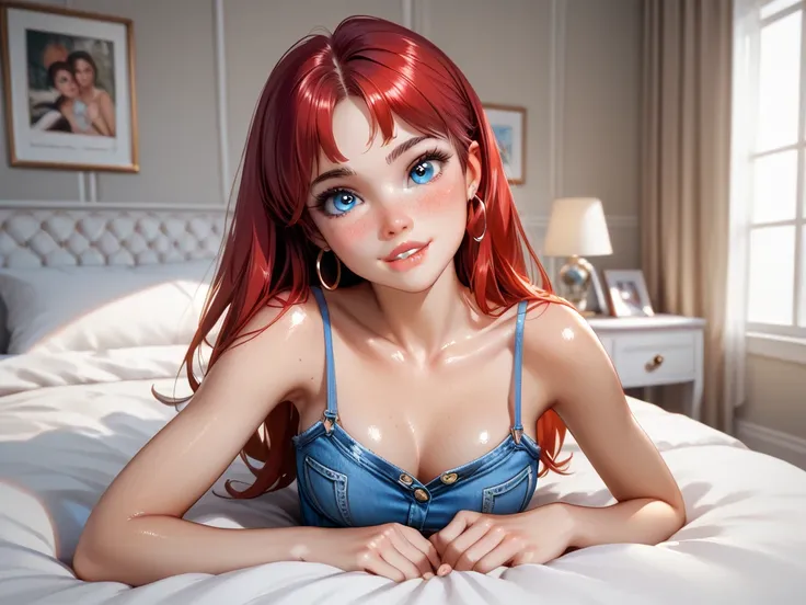 beautiful young girl, laying on bed, looking at viewer, detailed room, bottom lip bite, wearing tight spaghetti strap top, short daisy dukes, blue eyes, hoop earrings, skinny, slim waist, babyface, cute, sexy, gorgeous, doe eyes, platform heels, straight l...