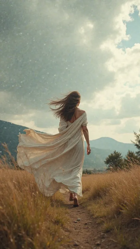 Create a dynamic and evocative image of a person walking in the wind. The scene features a vast, open landscape with rolling hills or a sprawling field. The person is dressed in flowing, light-colored clothing that billows in the strong wind, their hair al...