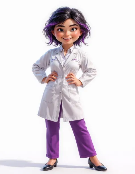 Cartoon character, realistic "full body", theme of computer-rendered animation film, "beautiful girl with big head named LISA is a dentist", she poses professionally, smiling cutely, holding a cute smiling tooth, thin black hair with purple highlights, "we...