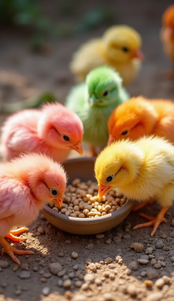 A group of baby chicks in bright artificial colors—pink, yellow, green, and orange—gathering around a small feeding dish on a rough, earthy surface. Some chicks peck at the food, while others wander around, gently nudging each other. The feathers appear so...