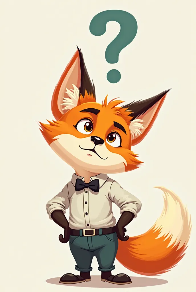 A cartoon image of a male fox in human costume who is thinking about something who is excited about thinking and a question mark on his head is floating 