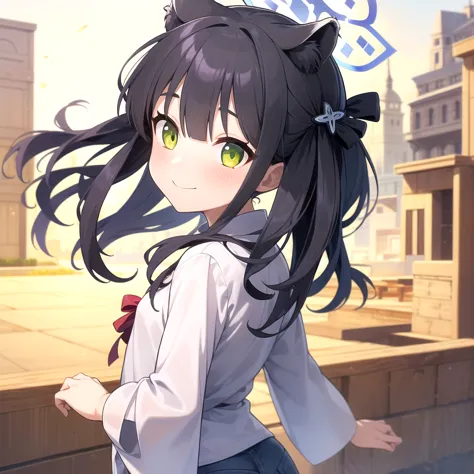 1girl, solo, (masterpiece, best quality), outdoors, street, shun, green eyes, black hair, bangs, twintails, hair bow, hair ornament, animal ears, halo, flat chest, denim shorts, white shirt, wide sleeves, from behind, idle