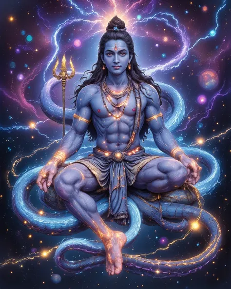 Depict Lord Shiva as a cosmic entity floating in a vast, starry nebula, embodying the universe itself. His body shimmers with celestial energy, blending shades of deep blue, violet, and golden light. His third eye glows intensely, radiating cosmic wisdom, ...