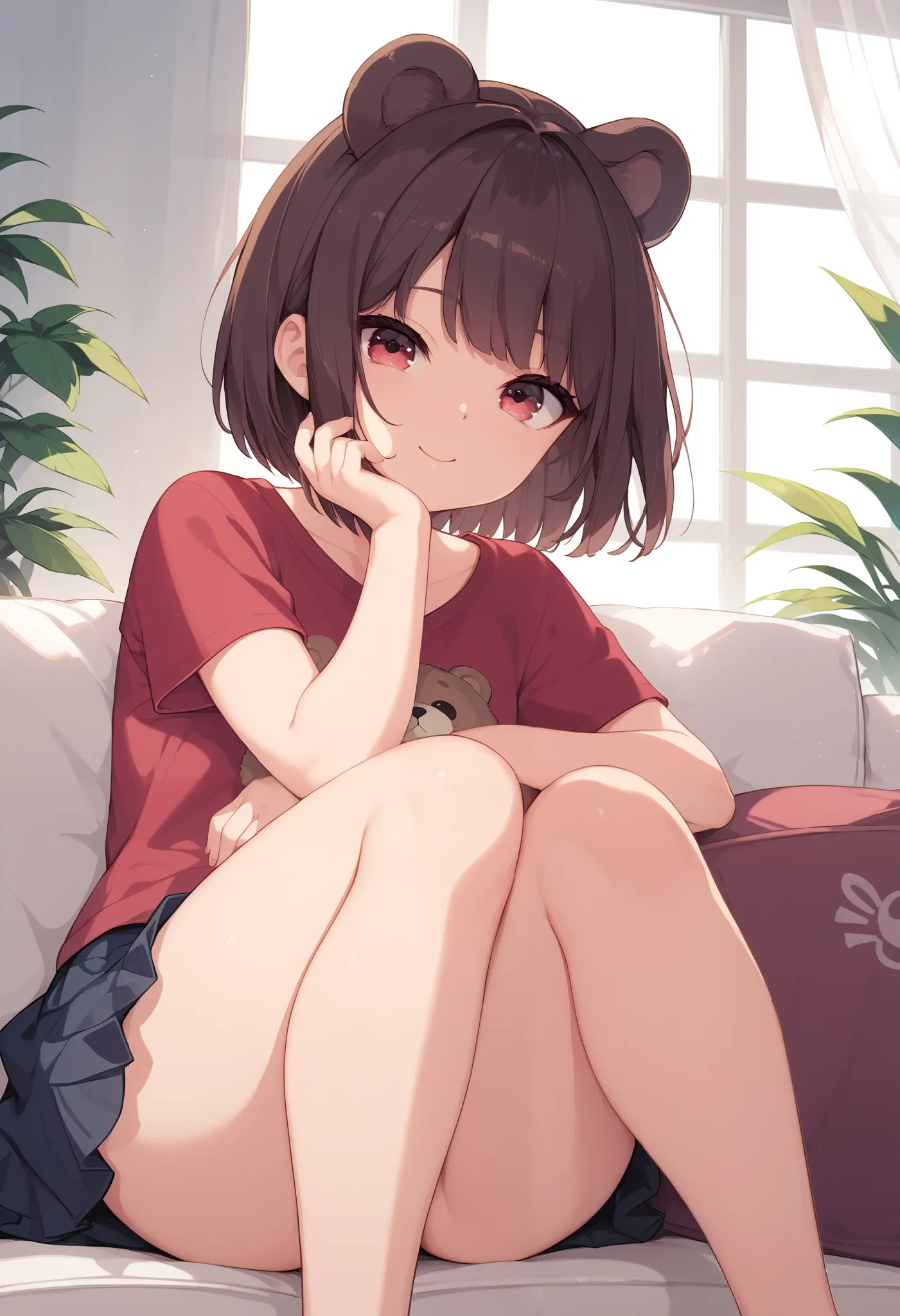 masterpiece, best quality, 1 cute small girl, short hair, dark brown hair, straight hair, straight bangs, fringe, bear ears, crimson eyes, cute small boobs, red t-shirt, sexy legs, on her room