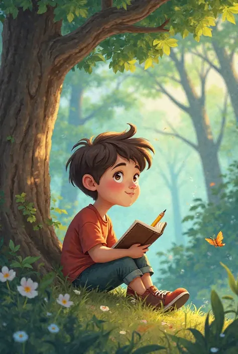 A young boy sitting under a tree at the edge of a forest, holding an old notebook and a broken pencil, looking thoughtful and hopeful."
Cartoon images 