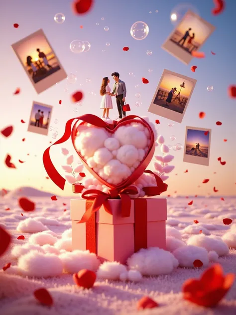 3d，surreal 3d scene， with a huge red ribbon ， ， Love letter paper floats in the background ， A  and a cute  stand on top of a heart-shaped gift box， The overall picture has a blurred depth of field ， The heart-shaped gift box floats in the middle of the ai...