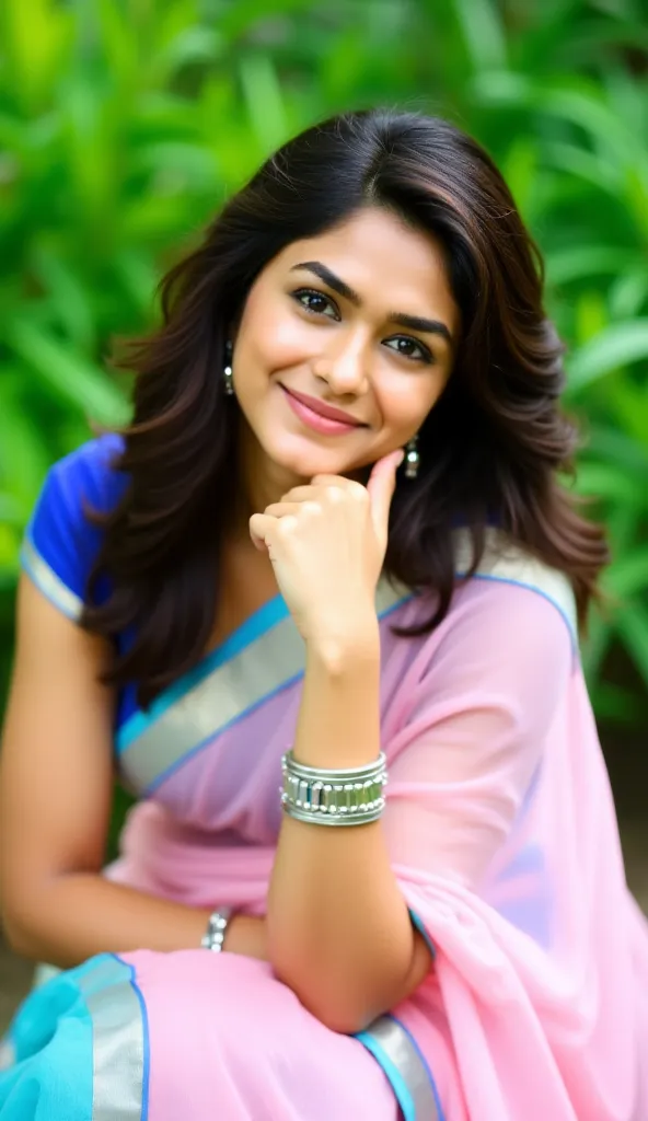 "A beautiful young woman with long, wavy dark brown hair and expressive eyes, wearing a traditional Indian saree in pastel pink and blue. She is posing gracefully outdoors with a soft smile, resting her chin on her hand. She has elegant silver bangles on h...