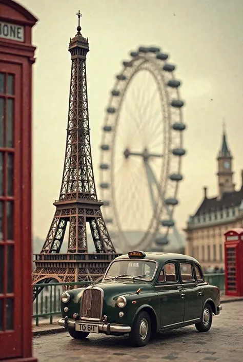 Chessboard frame , vintage tower Eiffel in front classic taxi vintage , side of road London telephone and behind London eye 