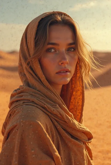 same pic but make the woman not veiled and looking at the desert 