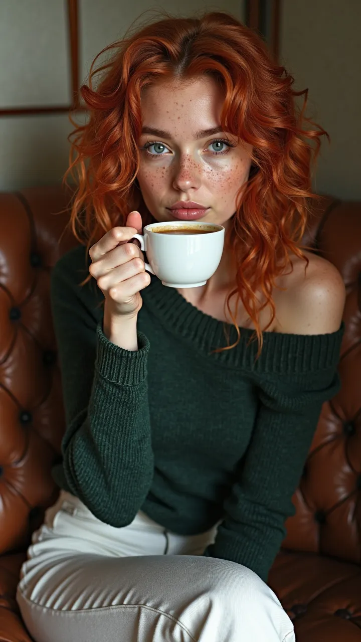 girl, 19 years old, details with red curly hair to the shoulders, grey eyes and freckles on her pale skin.  slim , with a neat bust, She is sitting, drinks coffee. She is wearing a dark green off-shoulder sweater and white jeans. Soft light accentuates:  l...