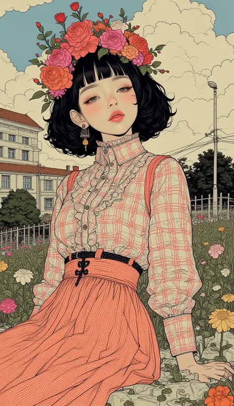 womanの写真があります,  smile、 ruffle blouse、long skirt with low skin exposure、woman   、 There are a lot of flowers blooming on my head 、 beautiful hair、bob hair、Close up details, Detail shot,  Clear details ,   Artie Love Blow Style  , Silkscreen Art ,   check sh...