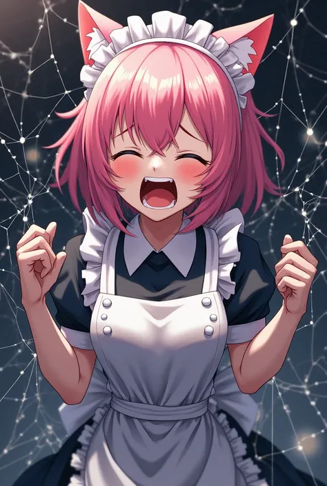 Anime styled Pink haired cat girl maid with arms and torso squeezed tight in a spider web with eyes closed and mouth wide open feeling pain unable to move