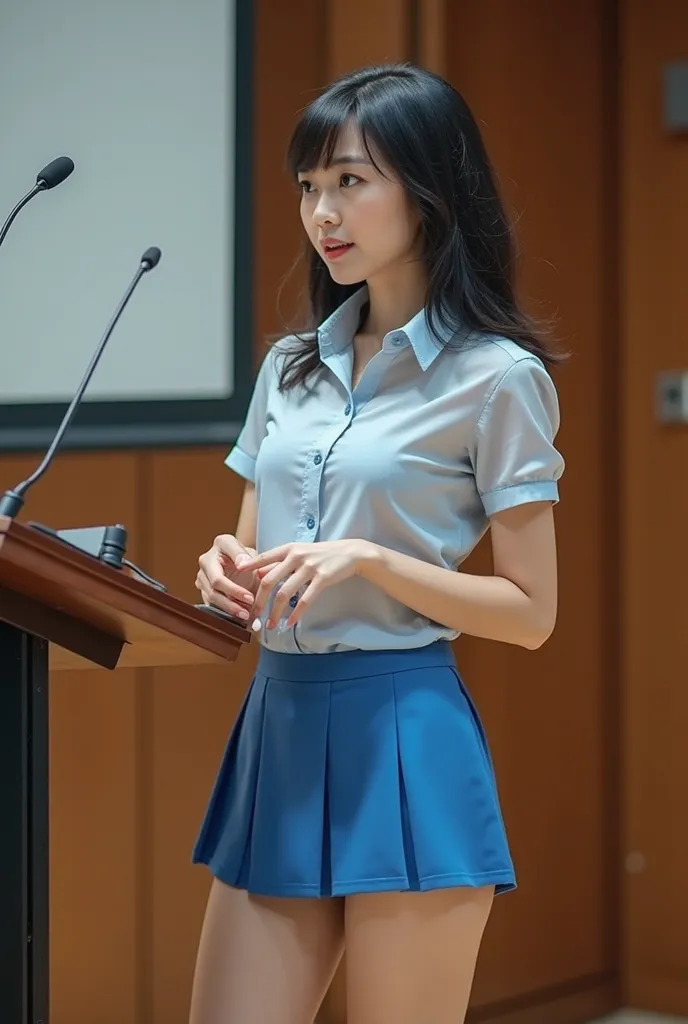 Asian woman showing her tinny sexy schoolgirl secretary outifit 

Tinny little tight short skirt and nylon translucid shirt
using Opaque King Blue Pantyhos, 

She is standing on a podium in a speech, shes energetic and mad, she looks on form, her legs look...