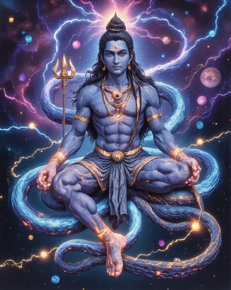 Depict Lord Shiva as a cosmic entity floating in a vast, starry nebula, embodying the universe itself. His body shimmers with celestial energy, blending shades of deep blue, violet, and golden light. His third eye glows intensely, radiating cosmic wisdom, ...