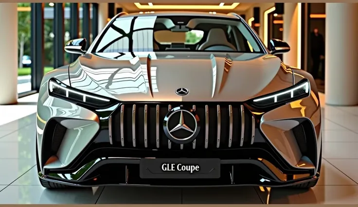 create an ultra-detailed 3D render of a modern, close-up straight front side view of 2025 Mercedes Benz GLE coupe with a bold design and black windshield. The car should feature a 'Gleamy black' color with a 'Cobra ' logo on its back, and sleek taillights....