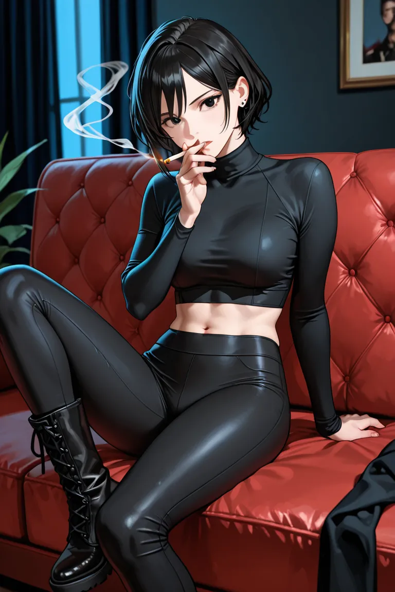 girl with a cougar body,wearing a tight black knee-top,black tight pants, high boots ,Black hair to the floor,Black eyes,sits on the couch and smokes a cigarette alone