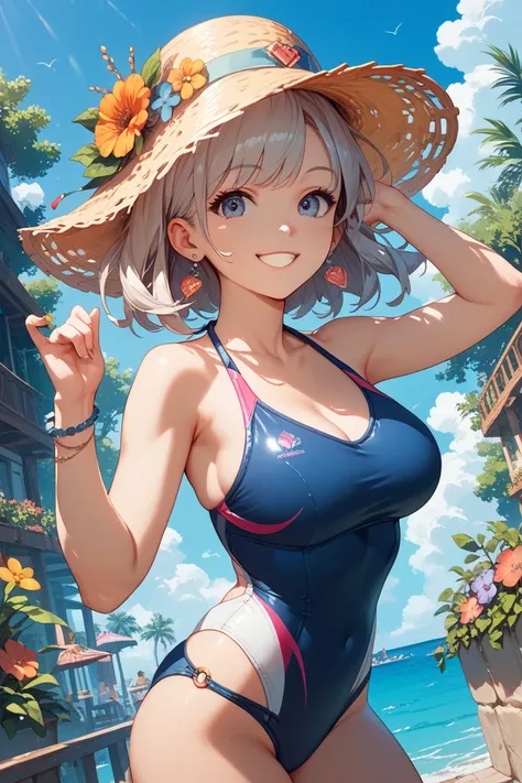 High quality texture, angle from below,solo,one girl,Older sister, cute,  random expression,random hairstyles,swimsuit, big smile ,　MOVING POSE, random composition ,RANDOM SITUATIONS,summer,slightly larger breasts,hair ornaments close to the garden