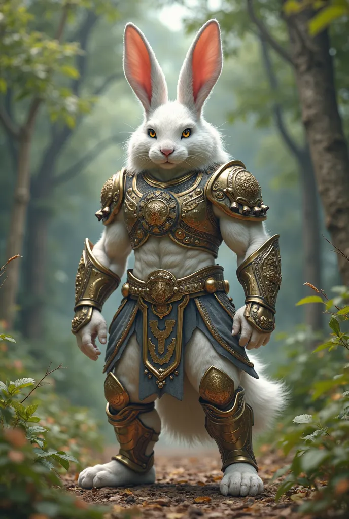 Create a realistic image of the fusion of this warrior Amazon with this white rabbit, A humanoid rabbit dressed as a warrior Amazon, make it full-bodied and in the format to post on TikTok

