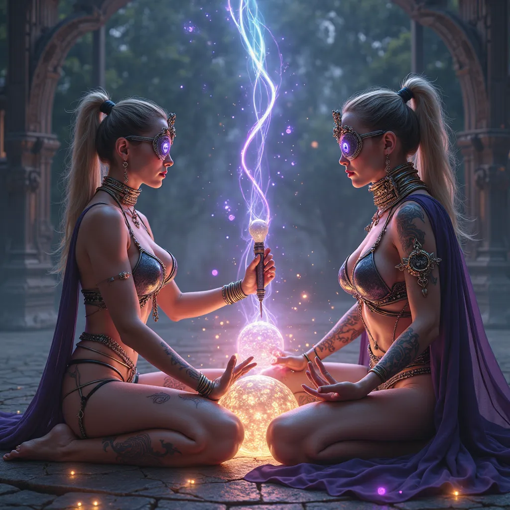 Dungeons and dragons mage battle eachother on an arena. To the left a Caucasian white female mage spell caster around her body and laser glowing outline her body, lots of glowing circles wrapping around her arms and neck gleaming, gemstone-encrusted thong,...