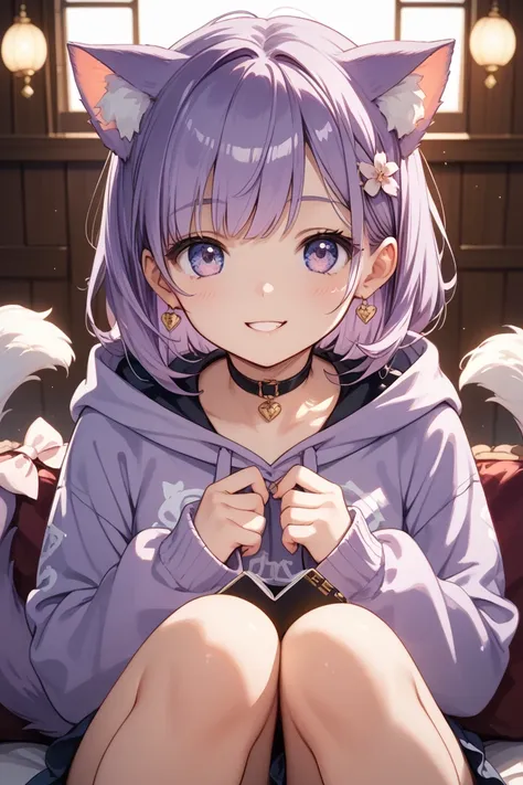 A cute anime-style girl with short purple hair and cat ears. She has a gentle, fluffy smile and wears a white and purple hoodie. Her relaxed pose gives off a laid-back atmosphere. A soft, fluffy cat tail is a distinctive feature. Fantasy anime-style, soft ...