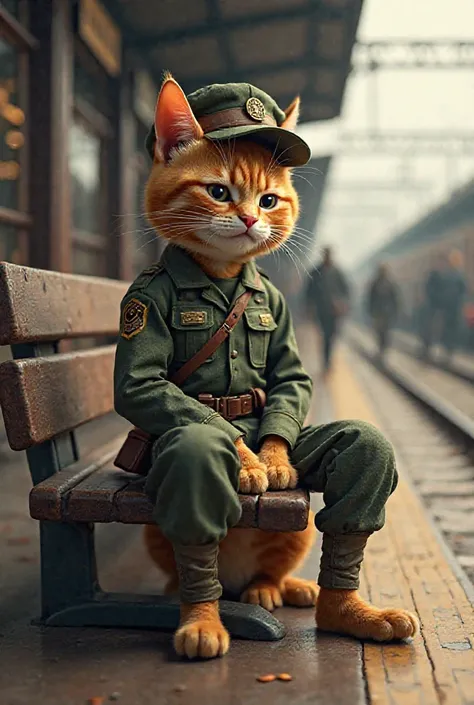 Generate a high quality 3D image:An orange cat wearing army costume and dark green pant and sitting on waiting chair in railway station 