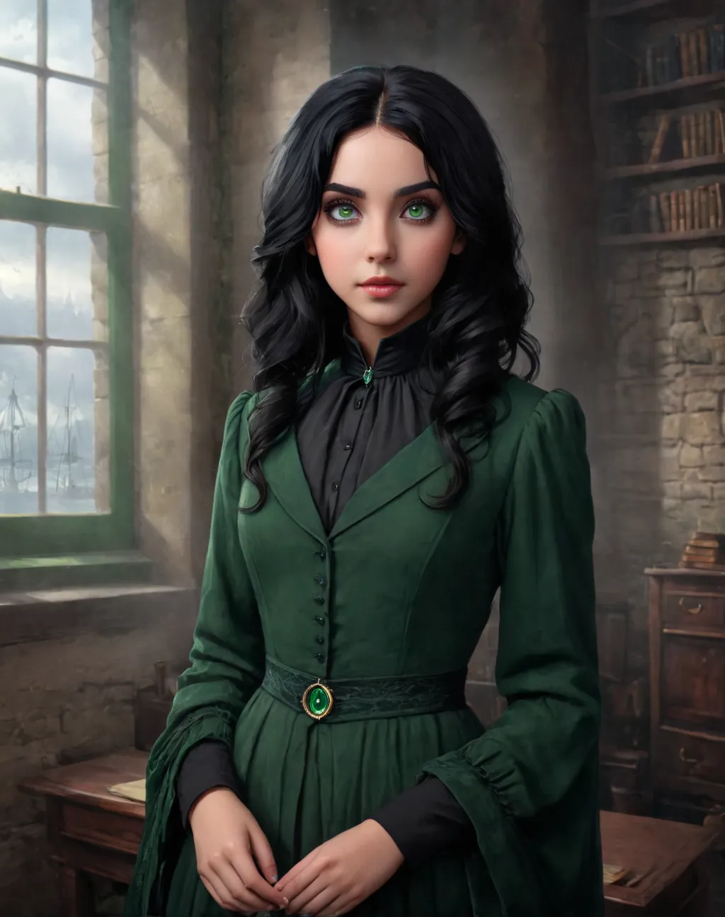 Retrato de uma (A daughter of Severus Snape: (European girl, black hair, green eyes)) com longo, Nineteenth-century black hair, que possui olhos escuros, and was summoned to be a Call of Cthulhu investigator she is a devout missionary