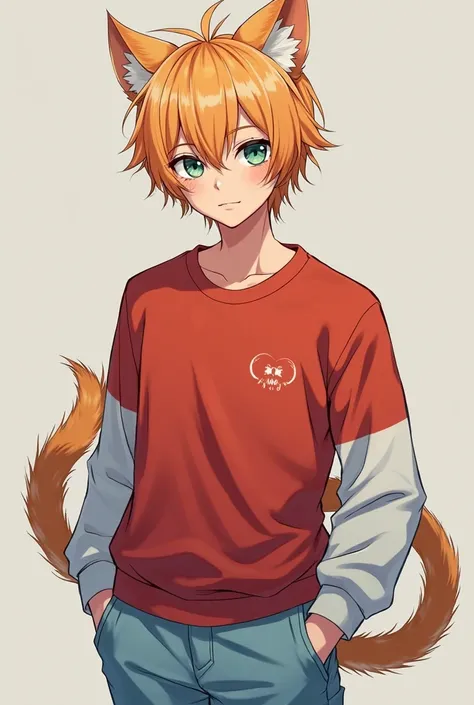 Young adult male, heterochromia right eye green, left eye blue, light orange hair, jaguar ears and tail, red sweatshirt white sleeves, light blue pants, anime style