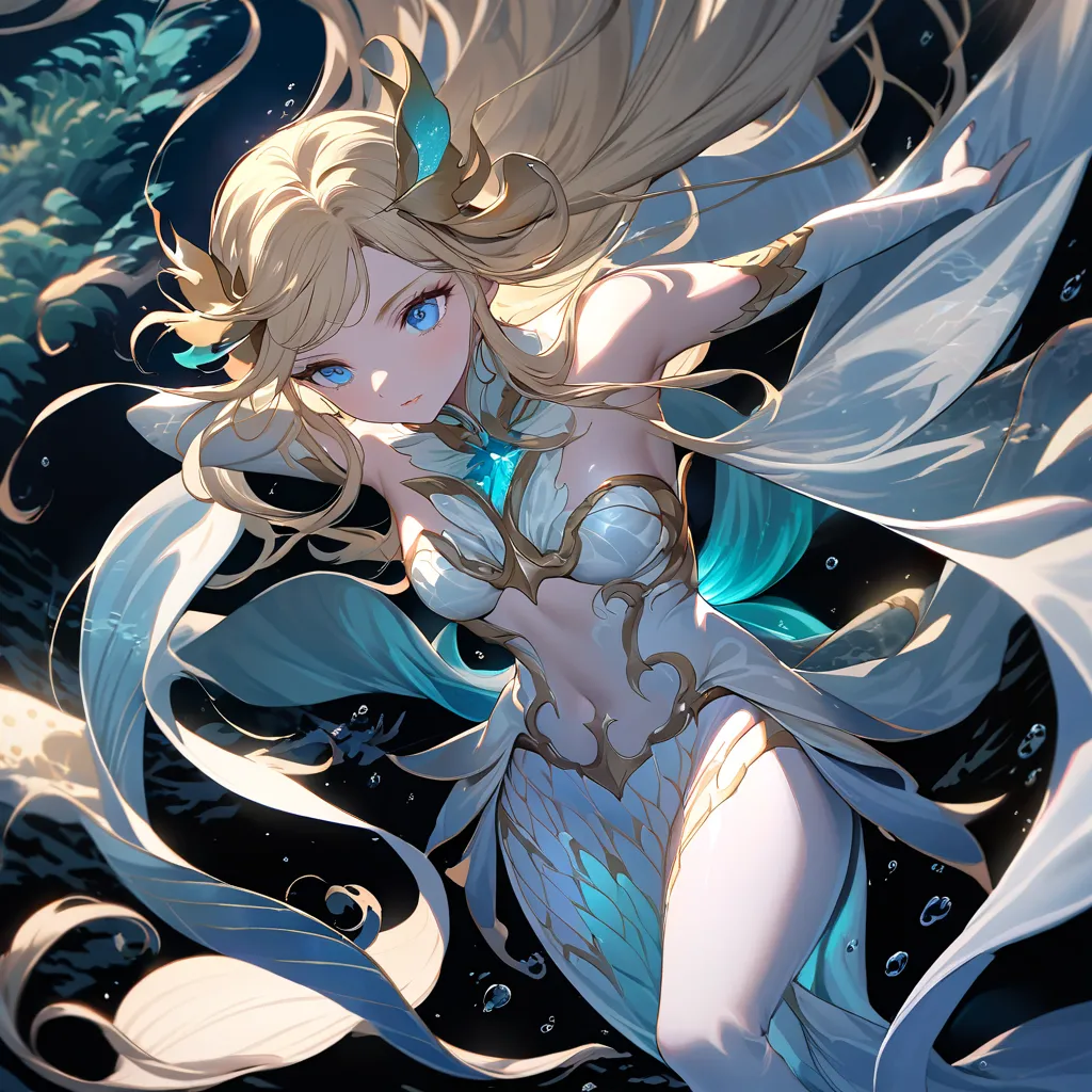 A young woman, Mermaid species, Long Hair, Blue Eyes, Blonde Hair, Mask, Large breasts, Bloom, Full body, Japanese Illustration Style.