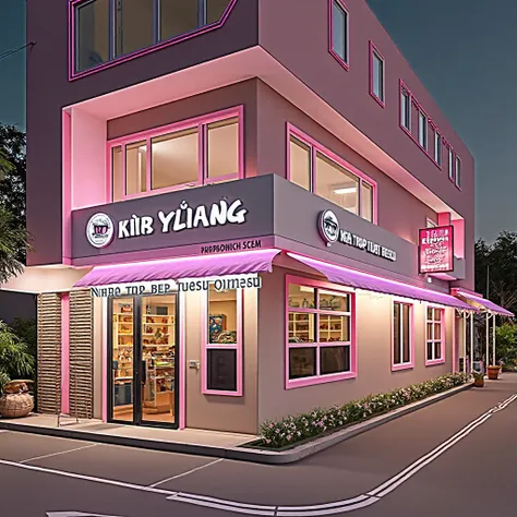  Generate a highly detailed nighttime cityscape featuring a modern, two-story bakery located on a street corner. The bakery has a bright, cheerful aesthetic with a predominantly pink exterior. The ground floor is adorned with large, rectangular windows, ea...