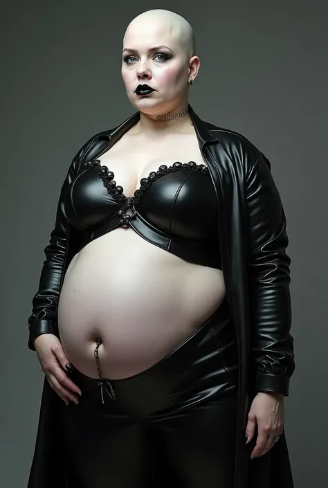 Fat Female cenobite, pale skin, blue eyes, black lips, two piece dress, black tight leather top long sleeves Black leather-like material with a gothic style, long black gown black leather tight, high cheek bones, her finger polish black, bald, her belly is...