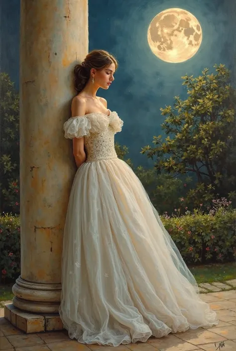 A oil painting of a women wearing off shoulder ball dress leaning on the pillar of the roya garden. She is looking at the moon and make the painting mainly on the upper body of the women, I dont need the lower body